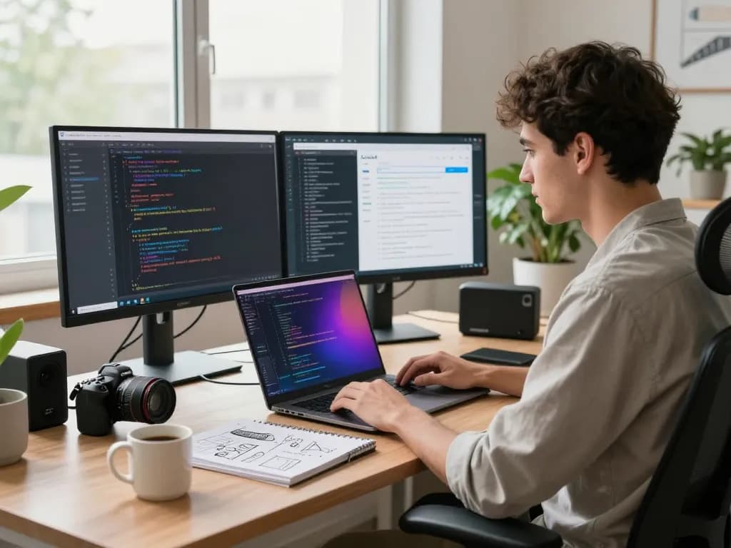 Developer coding with crush ai technology in a bright office environment with dual monitors and vibrant code editor.