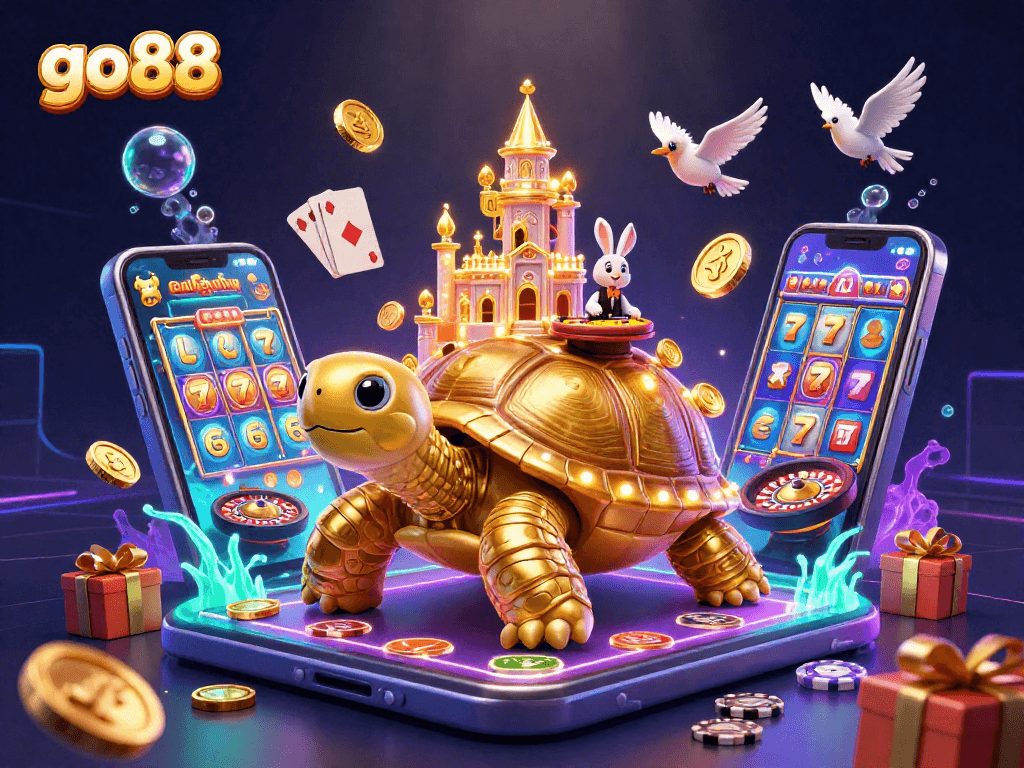Engage with go88's vibrant 3D casino scene featuring a tortoise, rabbit dealer, and sparkling game elements.