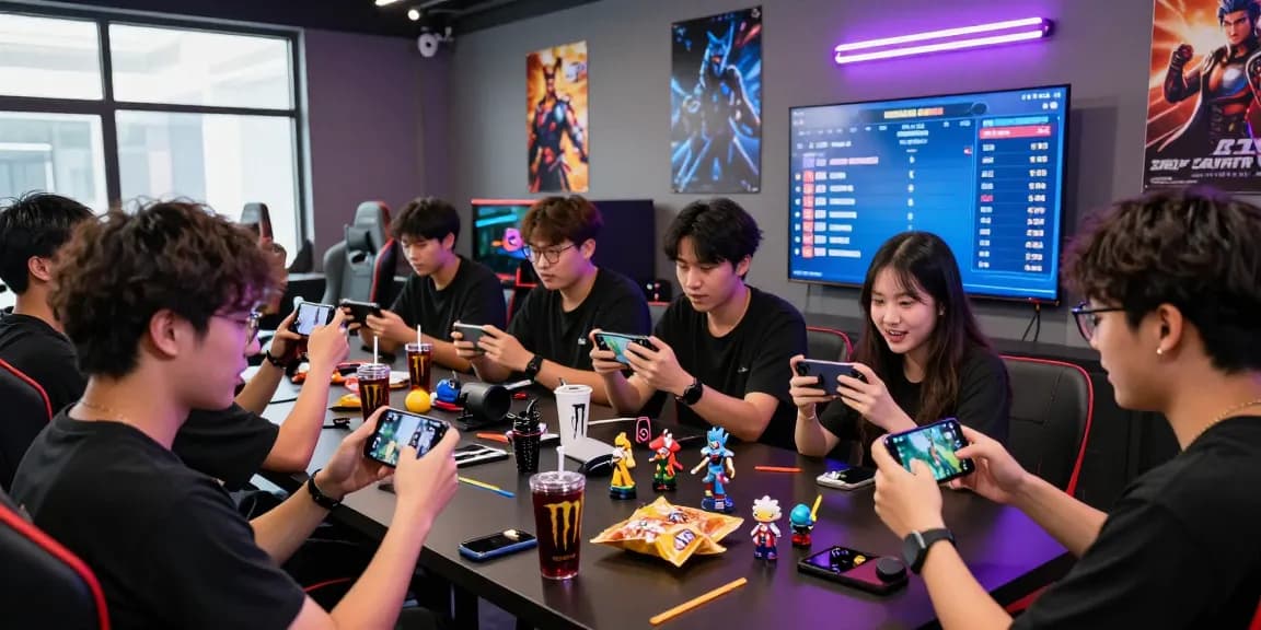 Fun gaming scene with friends playing rokok88 on mobile devices in a vibrant lounge.