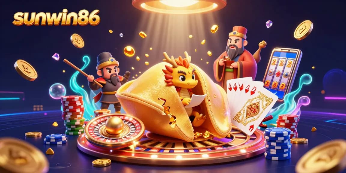 Engage with sunwin86's vibrant 3D casino scene featuring a golden fortune cookie and animated casino elements.
