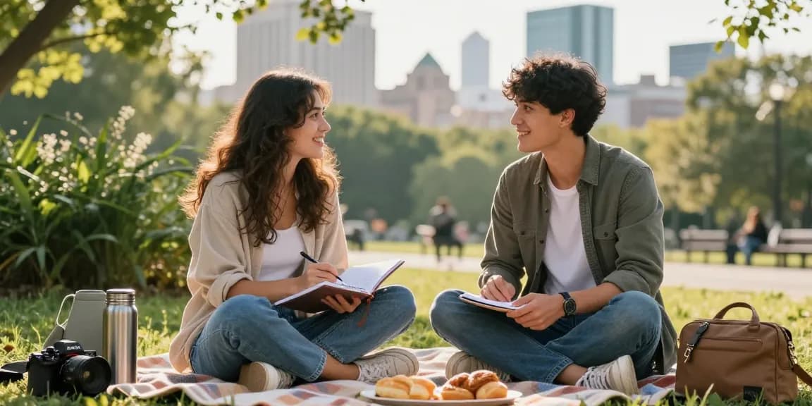 Couple discussing their crush on someone in a sunny park.