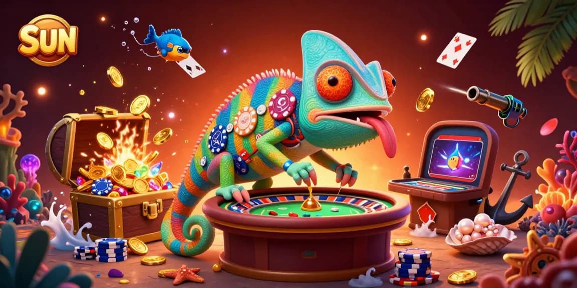 Engage with the sun-themed casino world led by a colorful chameleon, catching golden coins in the scene.