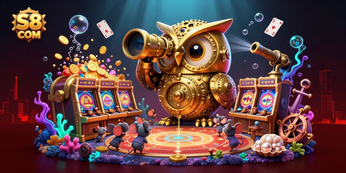 S8 COM features a vibrant 3D casino illustration with a golden owl and lively gaming elements.