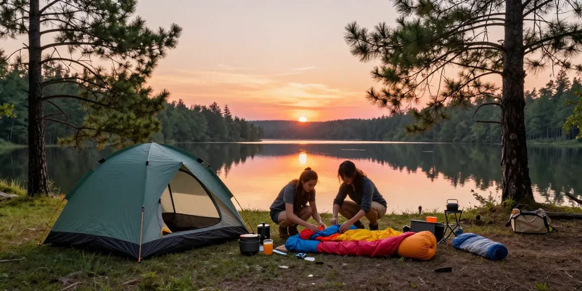 Camping preparation scene by the lakeside with rokok88 link login essentials and gear for outdoor adventures.