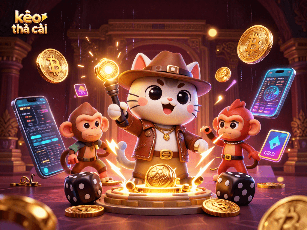 Discover kèo nhà cái in a vibrant scene with an archaeologist cat and glowing crypto elements.