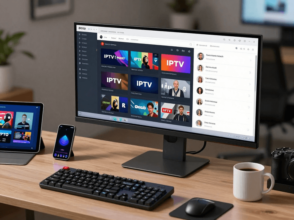 IPTV subscription management dashboard on modern monitor, digital platform, and real-time analytics for resellers.