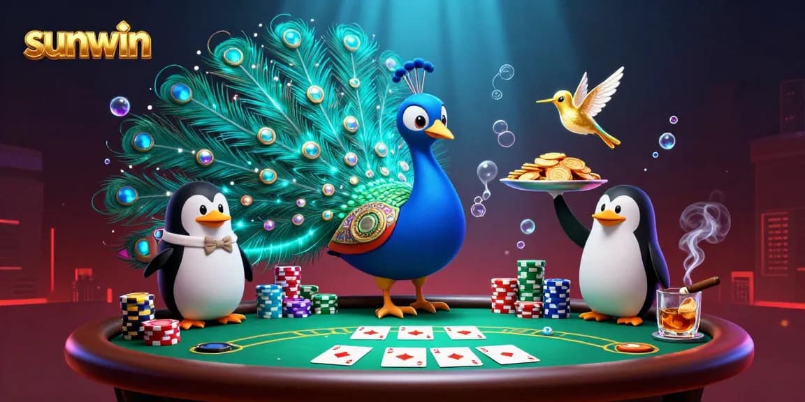 Experience sunwin excitement with a peacock, penguin, and hummingbird at an animated poker table.