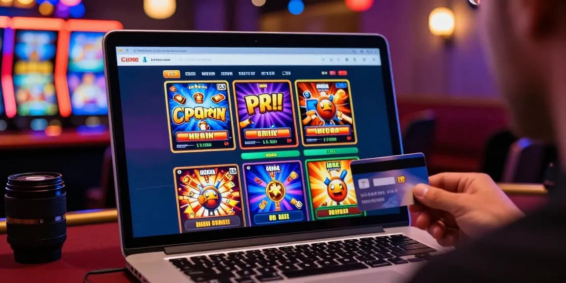 Excited player exploring credit card casinos UK with laptop and credit card, vibrant gaming atmosphere.