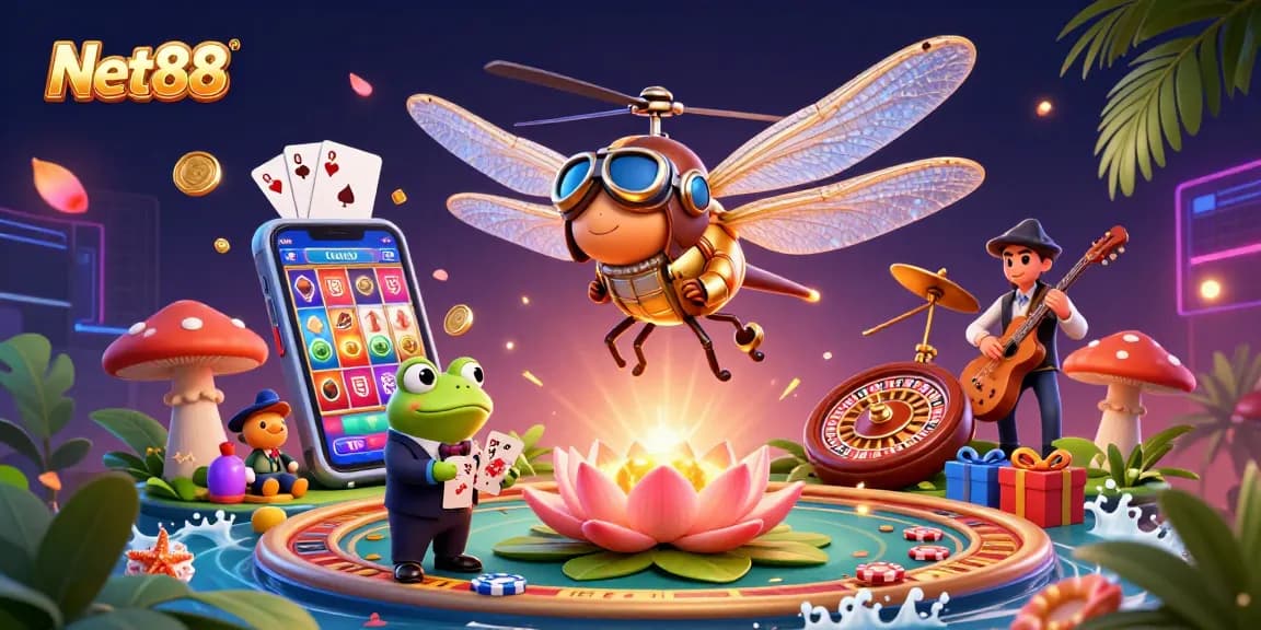 Experience winning excitement with Net88 in a vibrant 3D casino scene featuring a dragonfly pilot and a frog dealer.