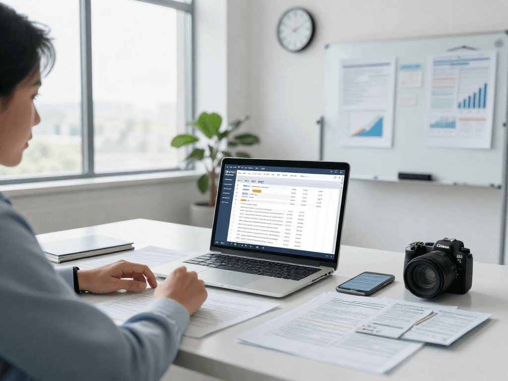 Officer engaged in document fraud detection analysis with software interface and various documents in a modern office.