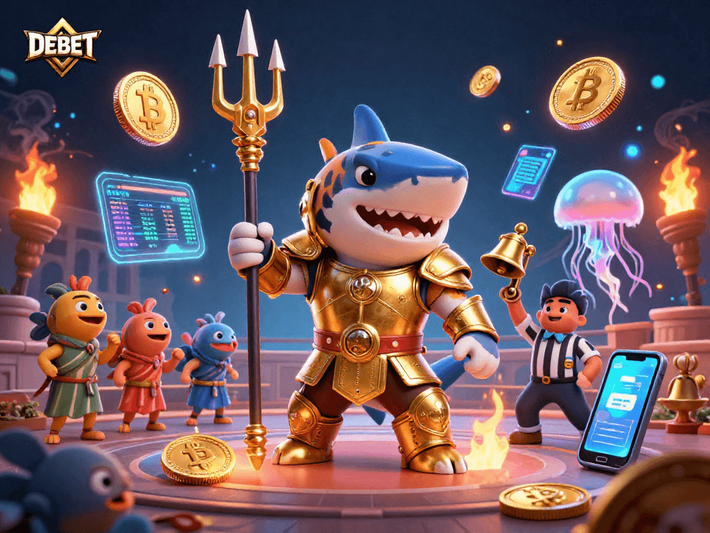 Engage with DEBET in vibrant underwater colosseum, featuring a tiger shark and crypto symbols.