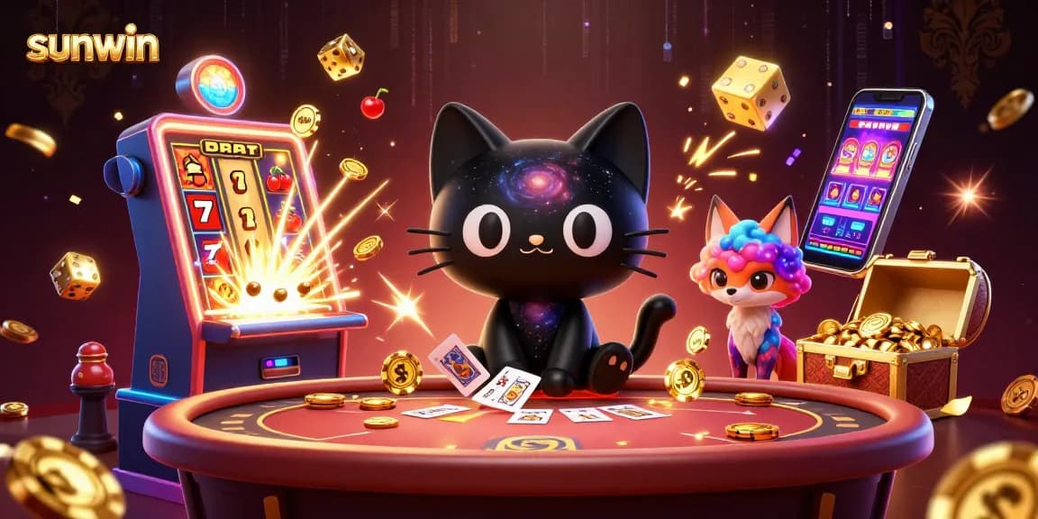 Experience sunwin's cosmic casino magic with a swirling black hole cat and colorful fox.