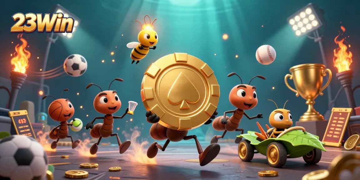 Experience thrilling wins with 23Win's vibrant gaming atmosphere, featuring ants in action.