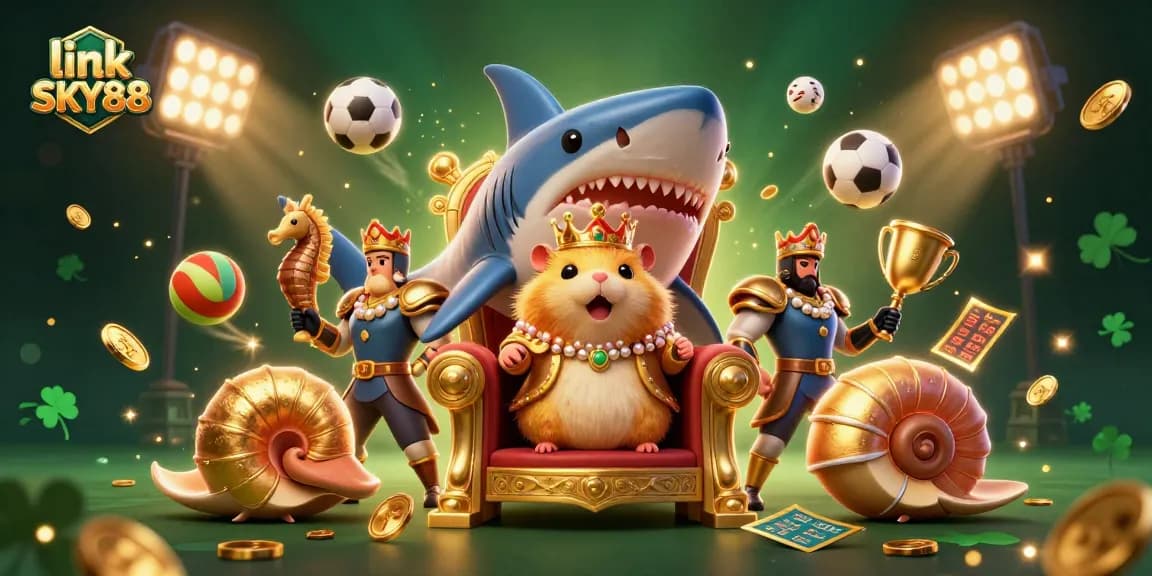 Betting on link SKY88 for sports gaming amidst a vibrant, dynamic casino illustration with royal characters.