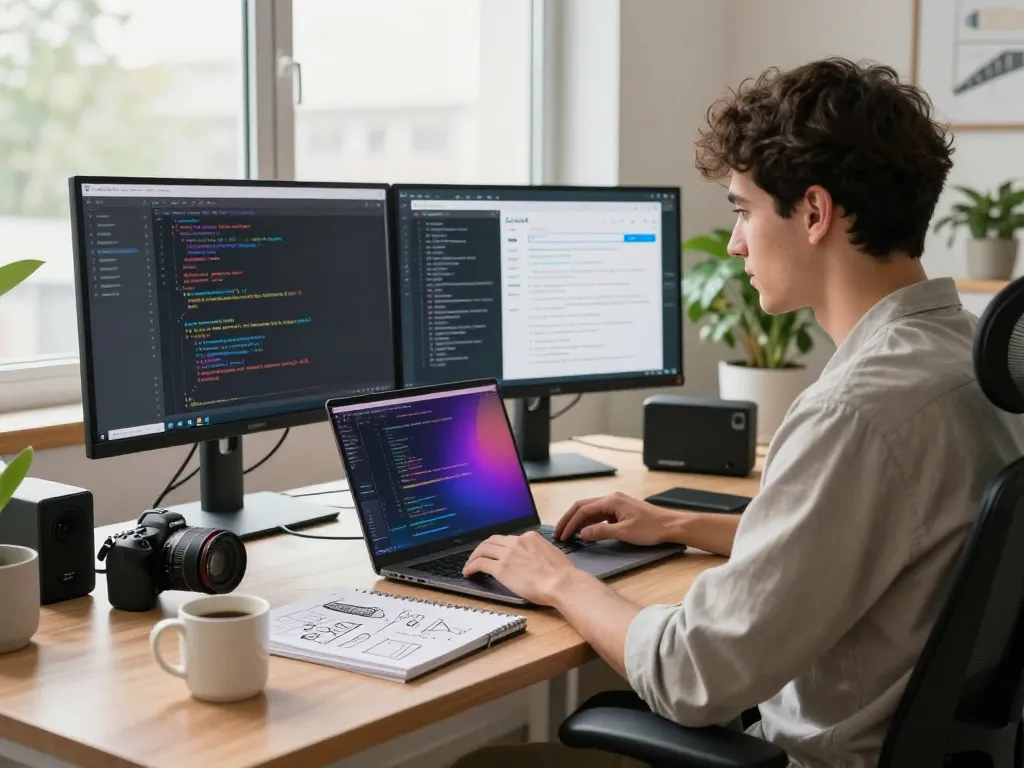 Developer coding with crush ai technology in a bright office environment with dual monitors and vibrant code editor.