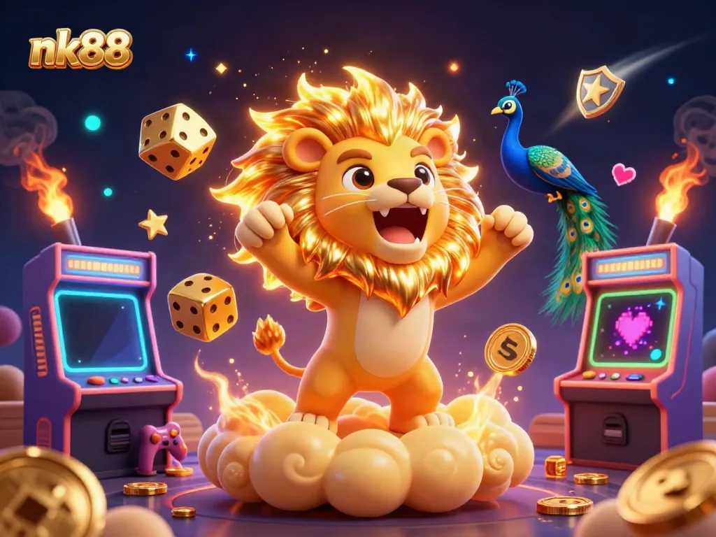 Experience the fun at nk88 with vibrant casino-themed 3D illustration of gaming action and excitement.