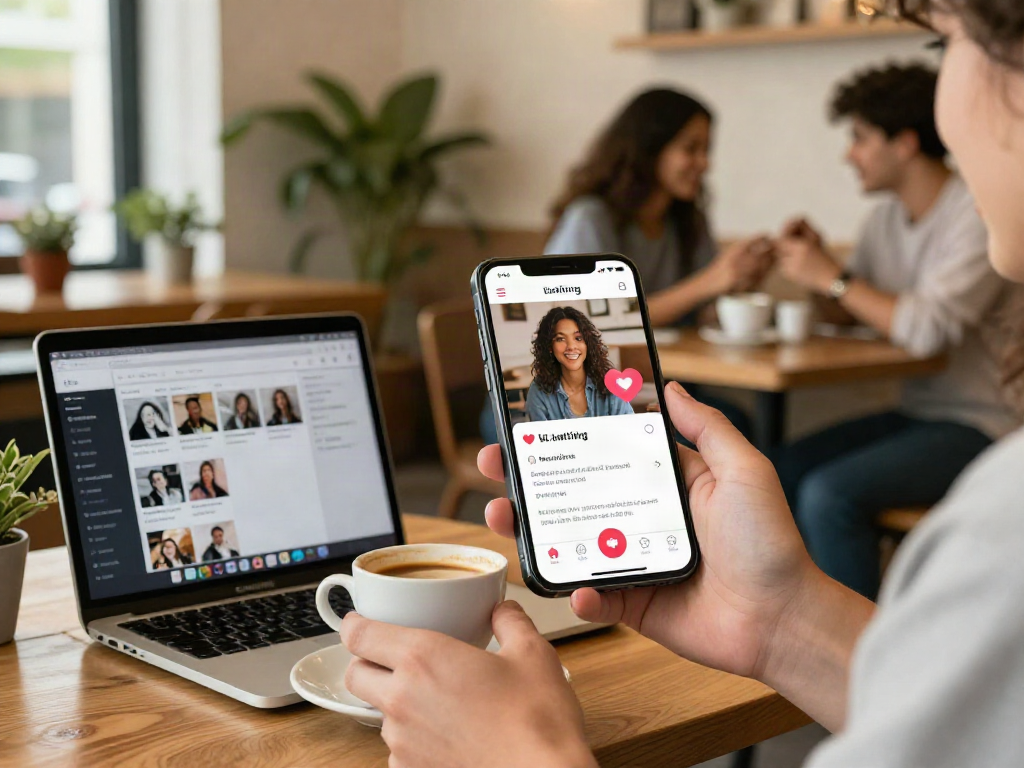 Person using crush on dating app in a cozy cafe.