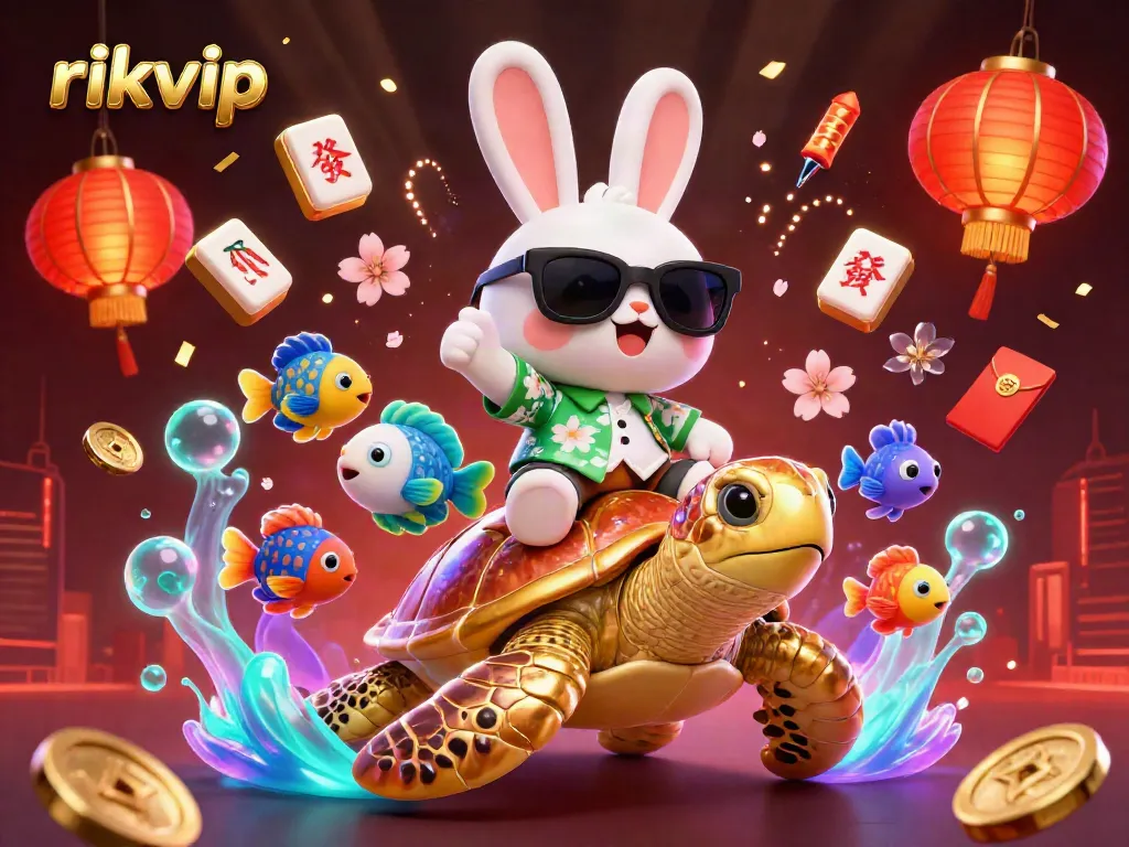 Win big with rikvip gaming elements featuring a lucky rabbit and a golden sea turtle underwater.