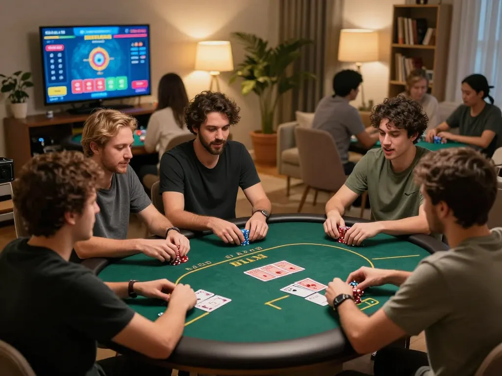 Players strategizing in a dynamic live poker game on s666link with multiple screens and cozy home setting.