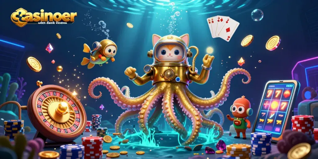 Engaging scene of casinoer uden dansk licens featuring a kraken, diving cat, and gold coins.