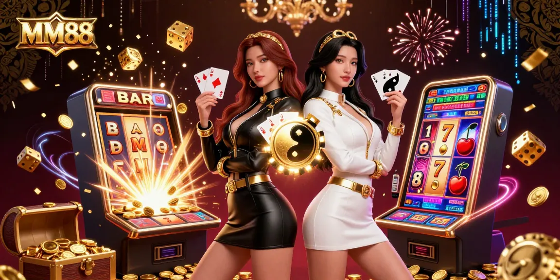 Engage with MM88, the premier online casino featuring twin Asian women with playing cards amid a jackpot explosion.