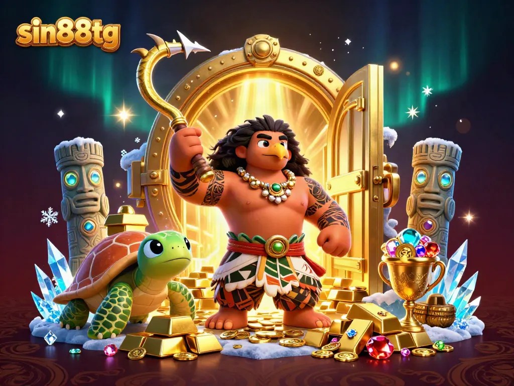 Experience excitement at sin88tg with a vibrant cartoon scene featuring a demigod hawk, treasures, and casino elements.