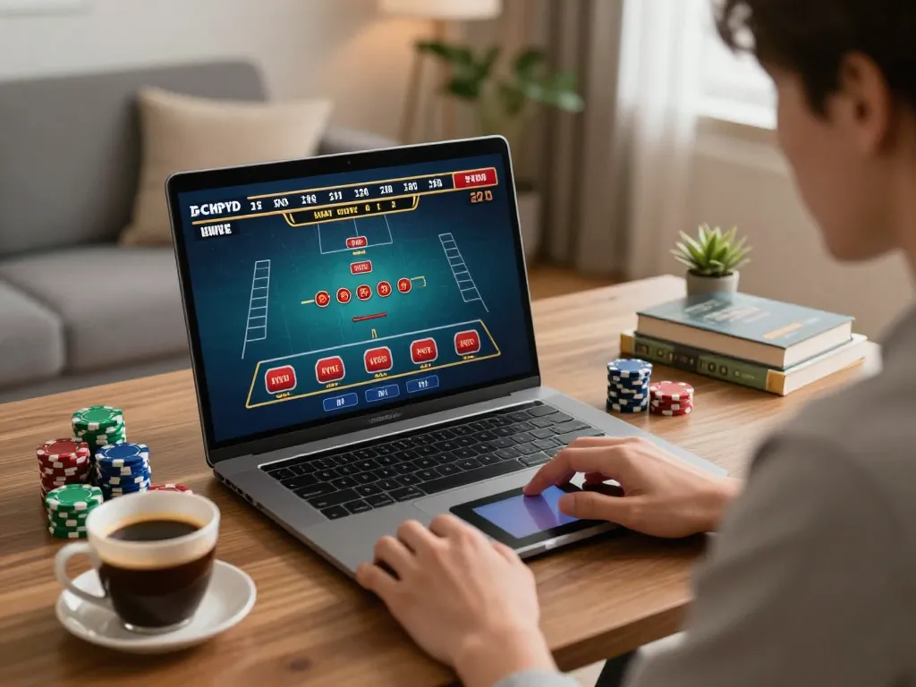 Engaging online gambling session showcasing debet gameplay at home, focusing on laptop and gaming setup.