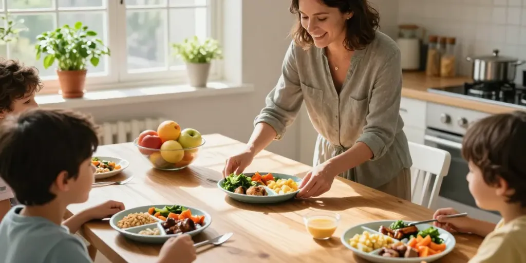 Family enjoying a meal with Portion Control Plates highlighting balanced eating at the dining table.