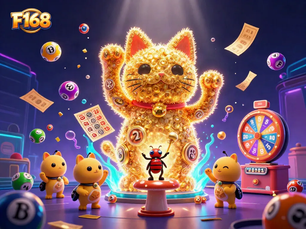 Experience F168's vibrant golden lucky cat amidst colorful lottery excitement in a dynamic casino setting.