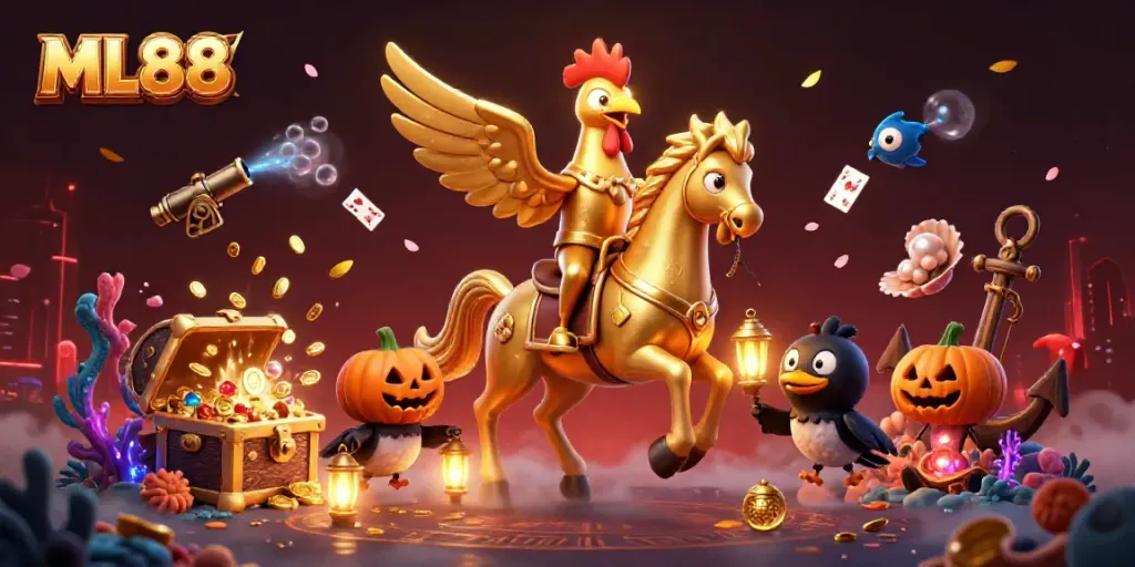 Win big with ML88 in an enchanting casino scene featuring a golden rooster and treasures.