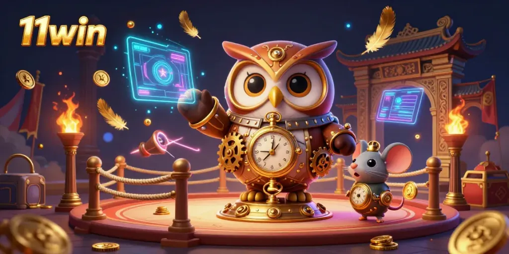 Experience thrilling gaming dynamics at 11win with cartoon characters navigating a vibrant casino atmosphere.