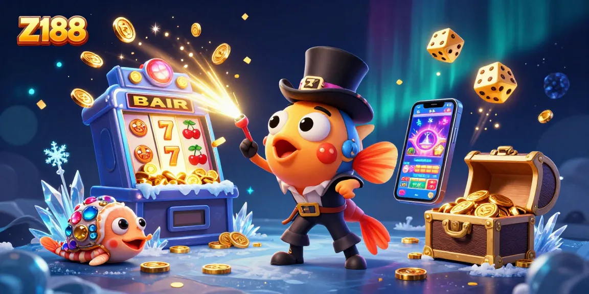 Z188 attracts gamblers with vibrant luck symbols and treasures alongside animated sea characters.