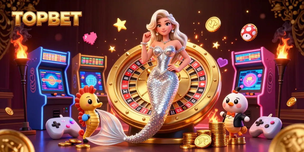 Join the excitement with TOPBET at a luxurious casino featuring roulette and vibrant gaming elements.