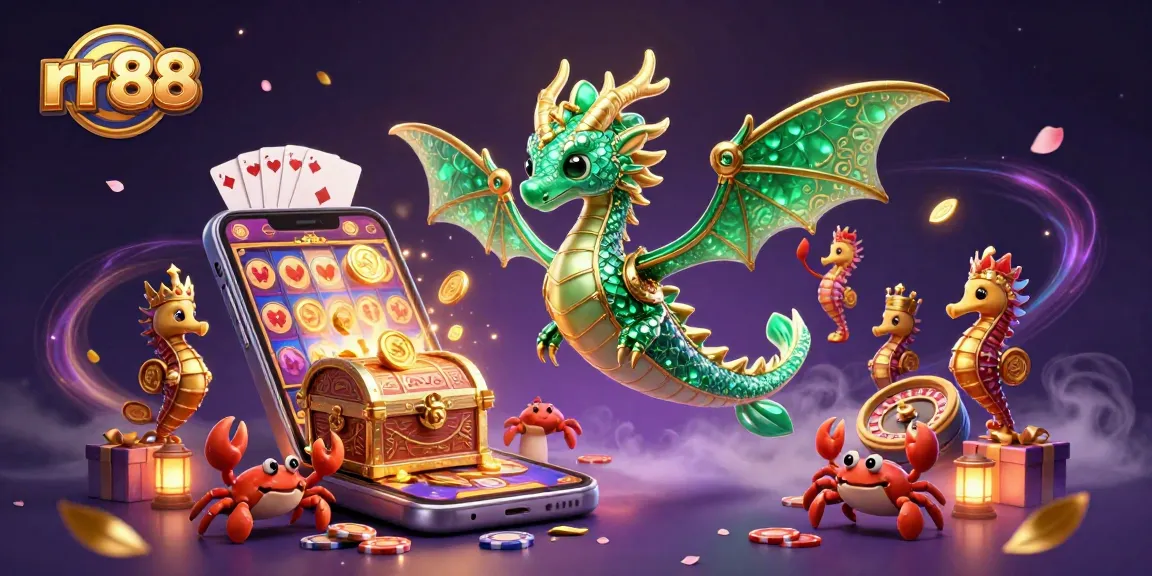 Experience thrilling gaming at rr88 with a vibrant 3D sea dragon and casino elements.