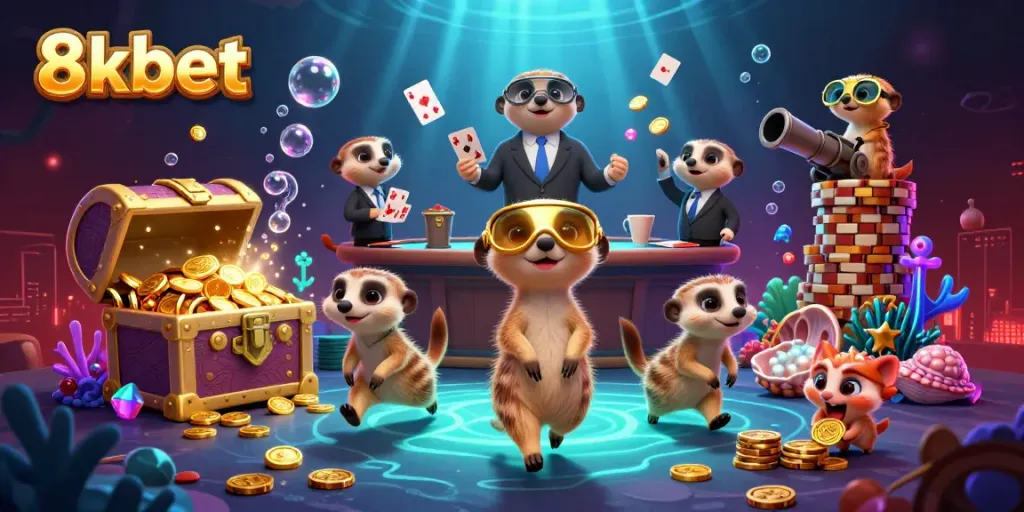 Experience immersive gaming at 8xbet with meerkats managing an elaborate casino, bursting with treasure and excitement.