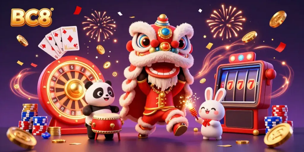 Experience the excitement of BC8 with vibrant casino-themed characters, gold coins, and game elements.