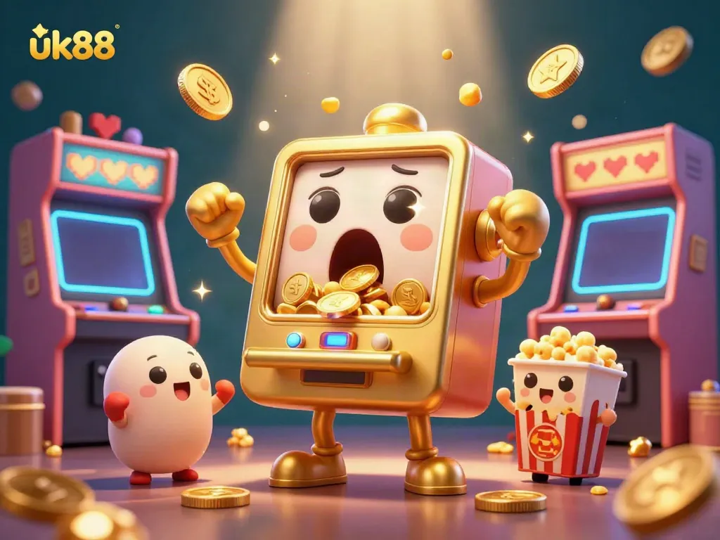 uk88 slot machine celebrates jackpot victory with coins pouring out, surrounded by cheering machines.
