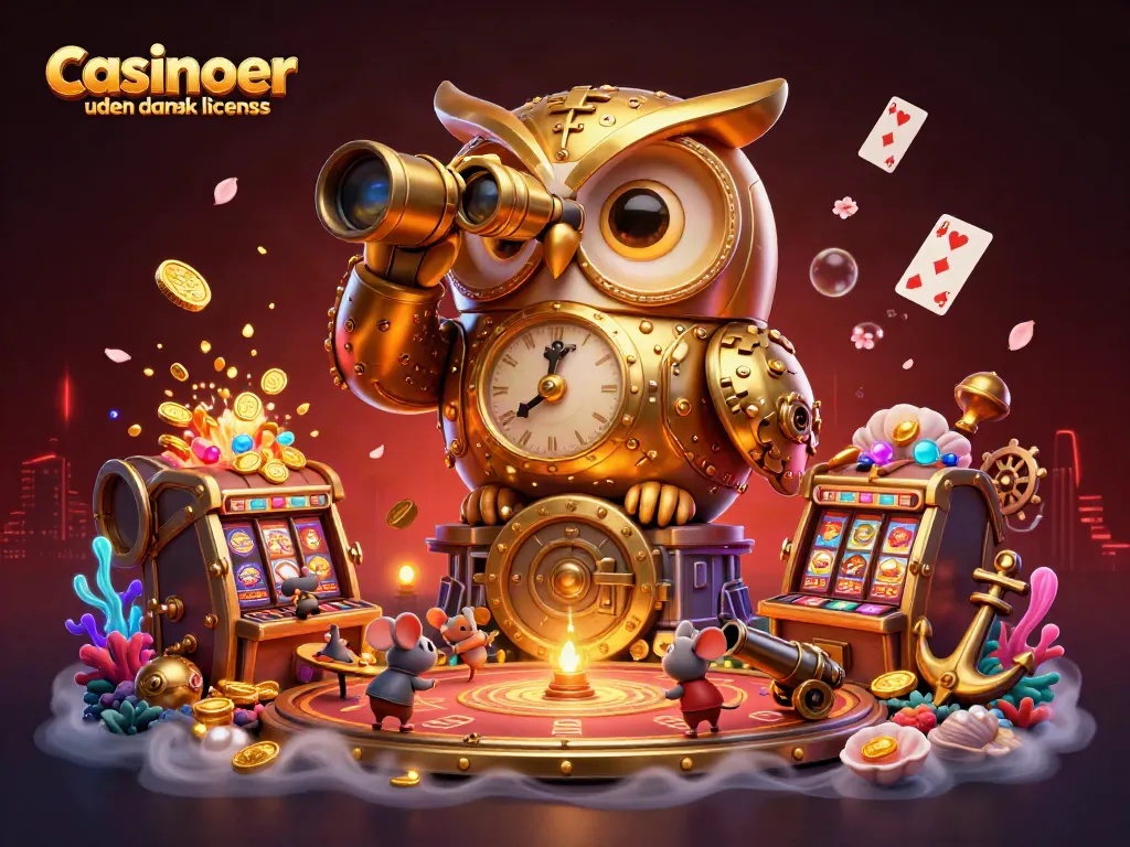 Engaging scene of a golden owl scanning a bustling casino floor, showcasing casinoer uden dansk licens with vibrant game elements.
