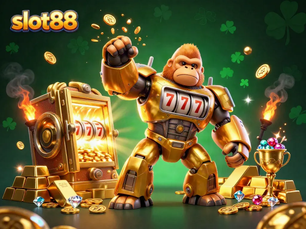 Experience thrilling gameplay at slot88 with a golden gorilla mech and explosive treasures.