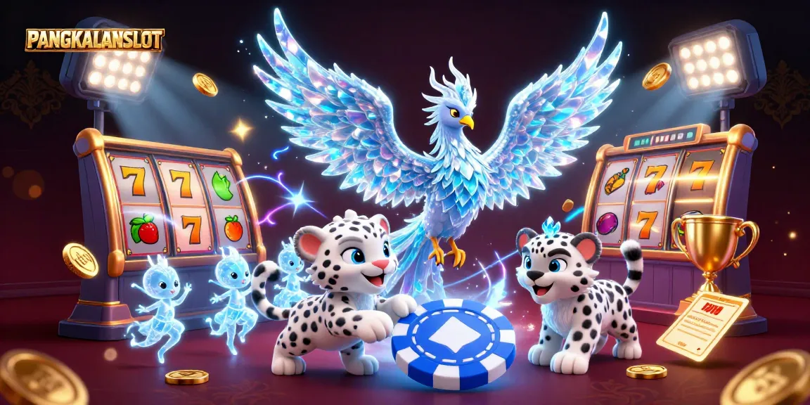 PANGKALANSLOT showcases vibrant slot-themed elements with a cartoon ice phoenix and playful snow leopard.