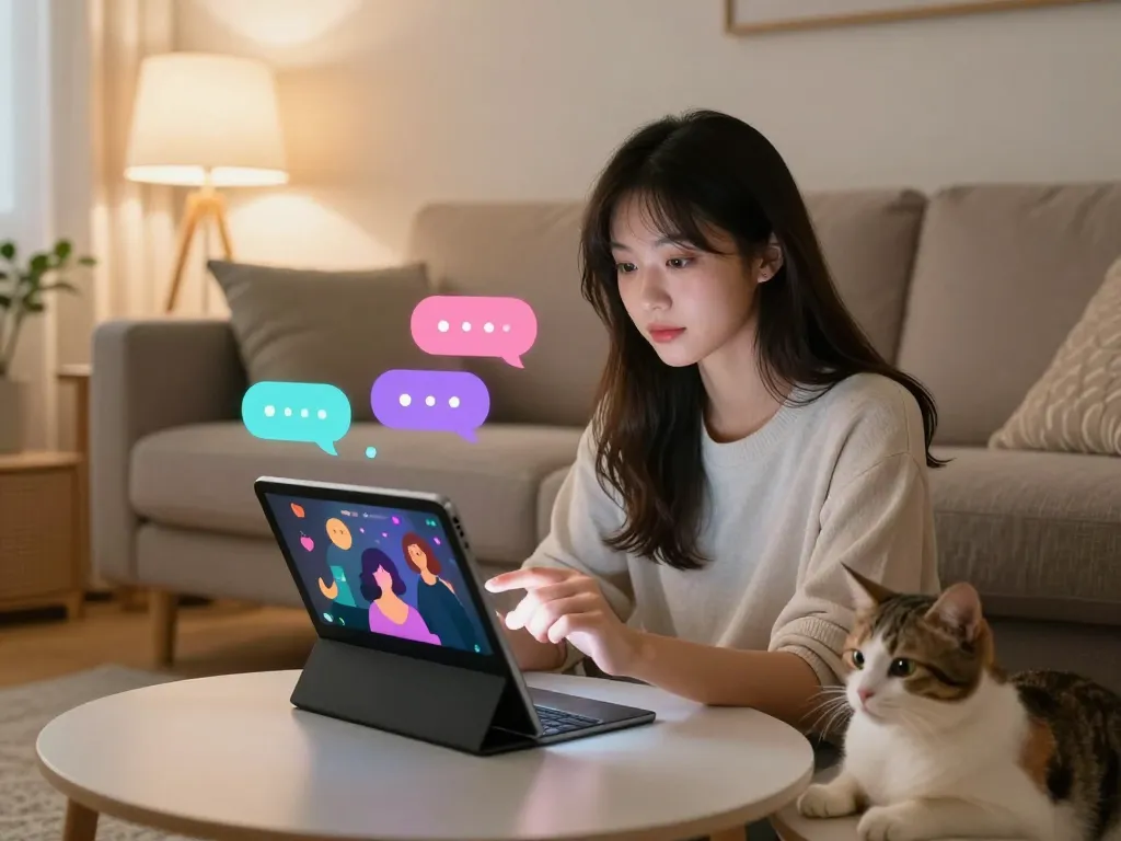 Engaging conversation with girlfriend AI on a tablet in a cozy living room.