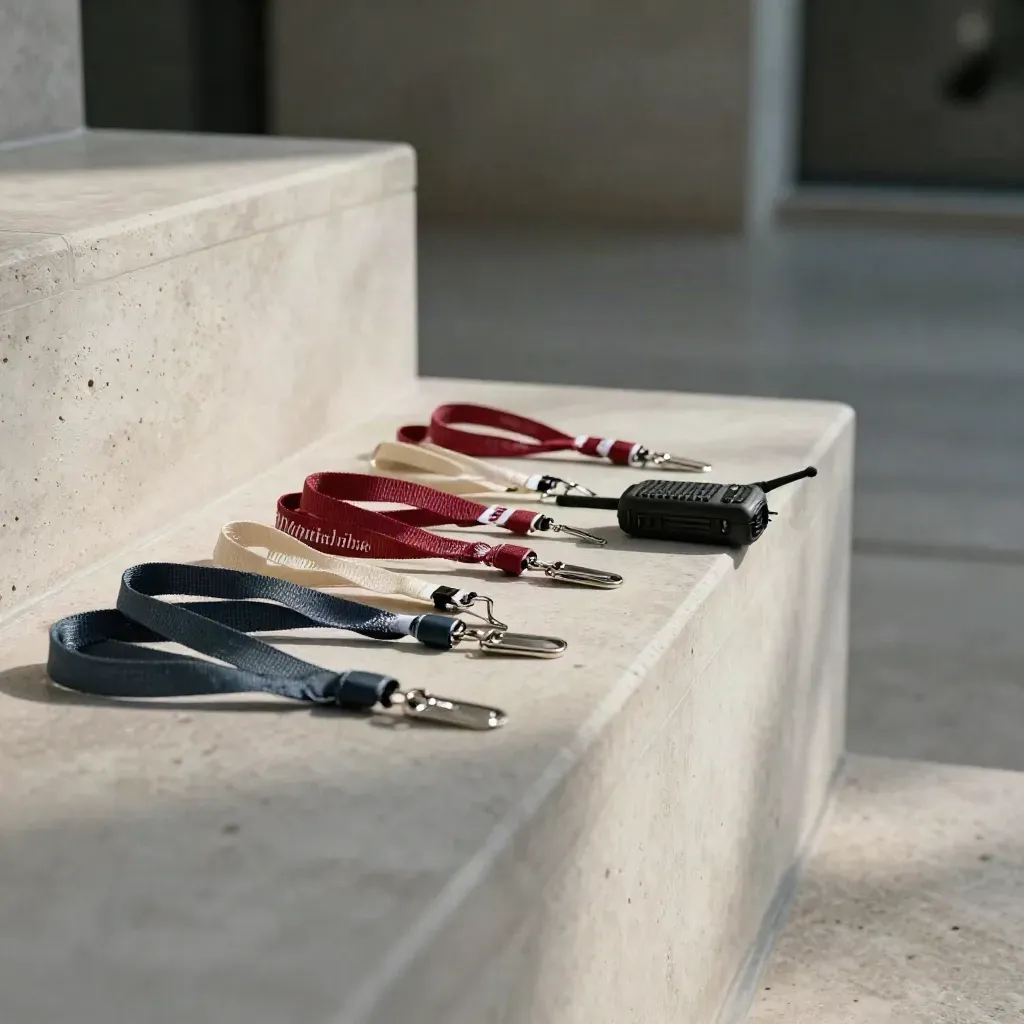 Color-coded volunteer kit with lanyards, badge clips, wristbands, and radio on concrete ledge.