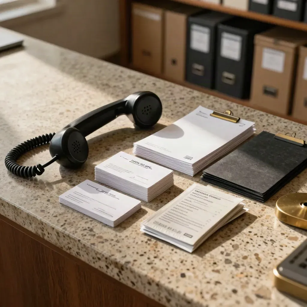 Top-down outreach materials with handset, membership cards, tabs and sealed mailers on travertine.