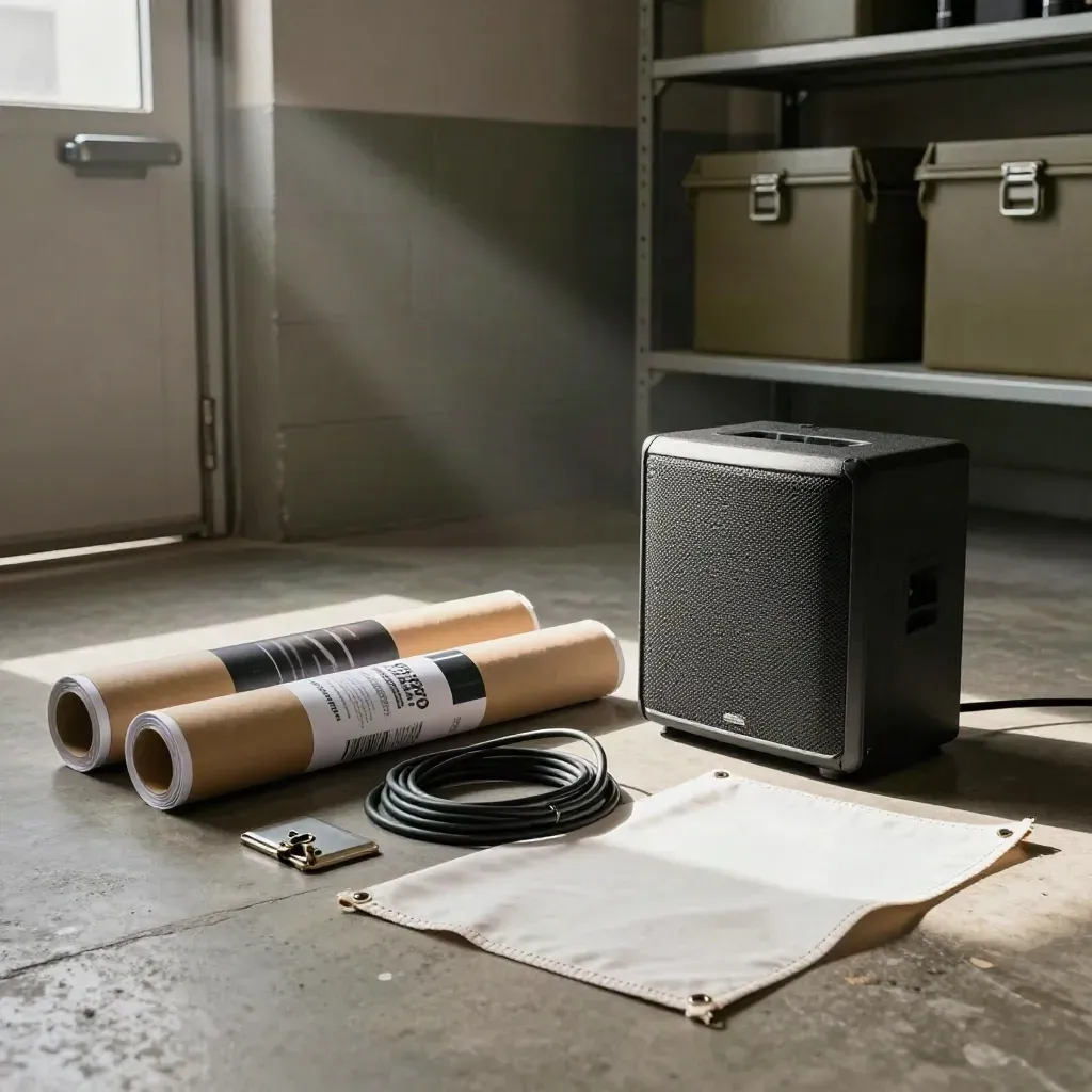 Floor-level view of event promo gear in a shadowed side room, lit by a dramatic side beam.
