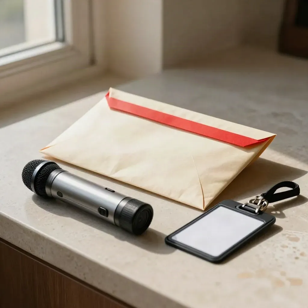 Sealed press kit, recorder, microphone and badge case on stone in warm window light.