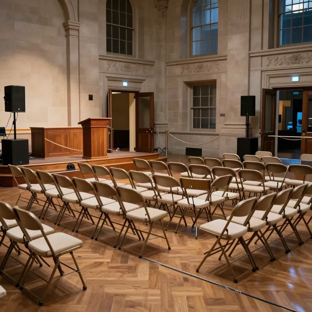 Empty city hall rally room with chairs, stage, speakers, and open doors at dusk