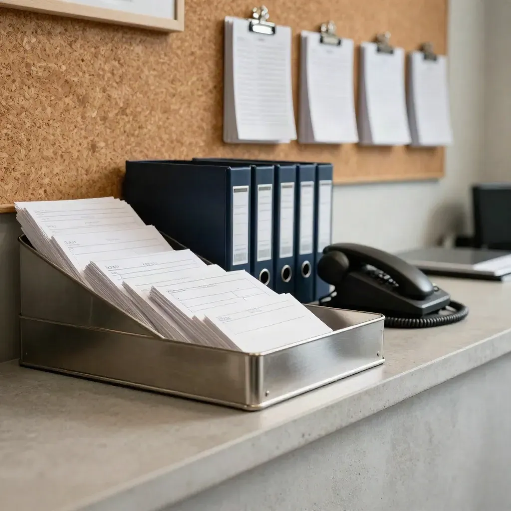 Empty coalition intake counter with cards, file boxes and a phone in moody haze.