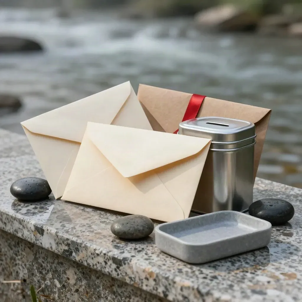 Donation tin, envelopes, and receipt tray on a damp river-stone ledge