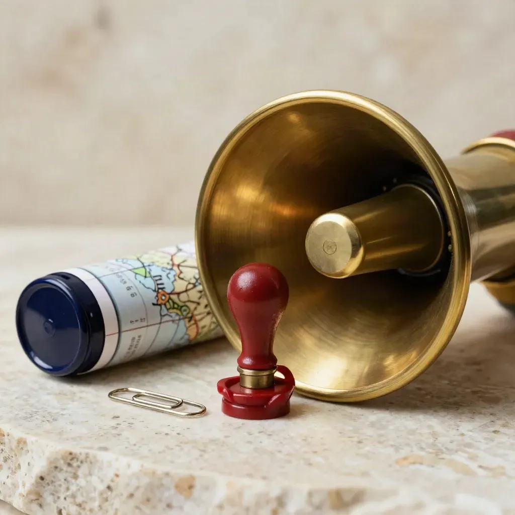 Macro still life of campaign director tools on travertine stone with brass megaphone and wax seal stamp.