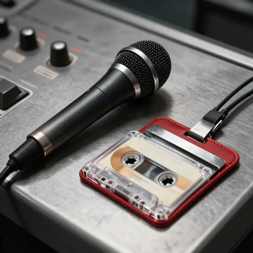 Broadcast microphone, recorder cassette, and press badge case on brushed metal, lit dramatically.